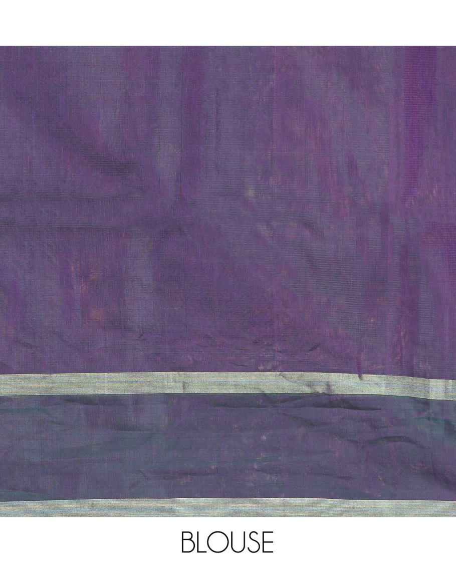 Purple Silk Cotton Saree, Elevated with Peacock and Rudraksha Buttas, Complemented by a Contrast Zari Buttas Border, Geometric Patterned Pallu, and a Contrast Blouse