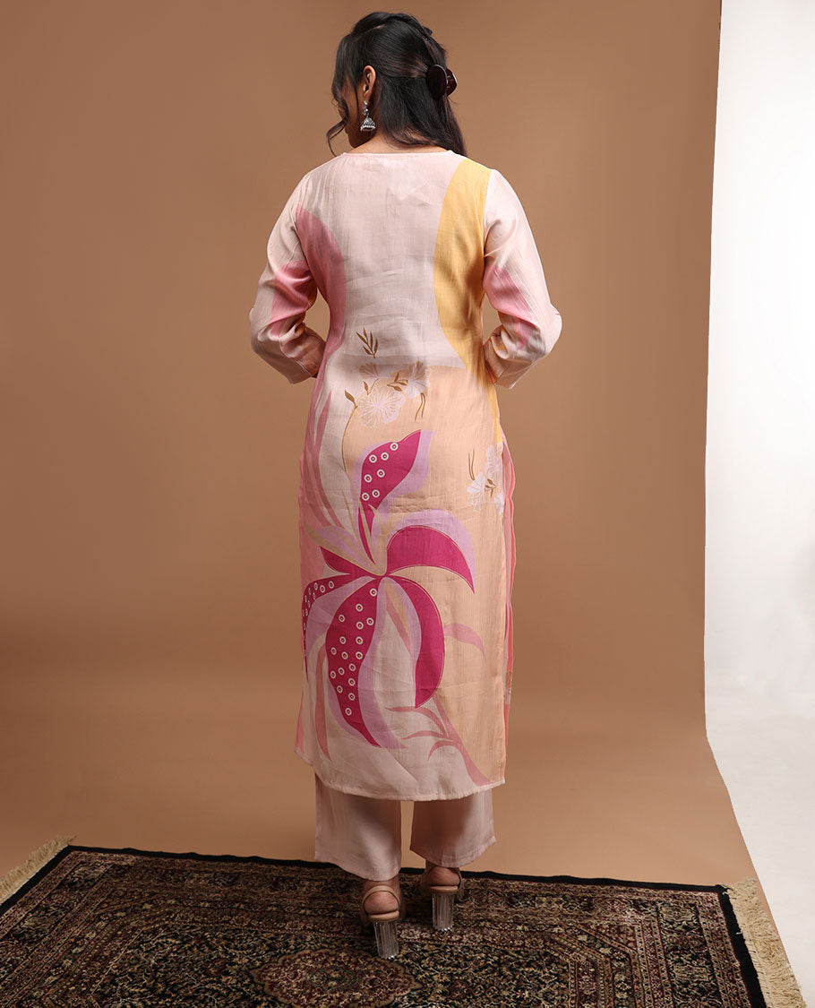 Cream floral design round neck, 3/4 th sleeve,below knee lenght top with straight pants & floral printed dupatta