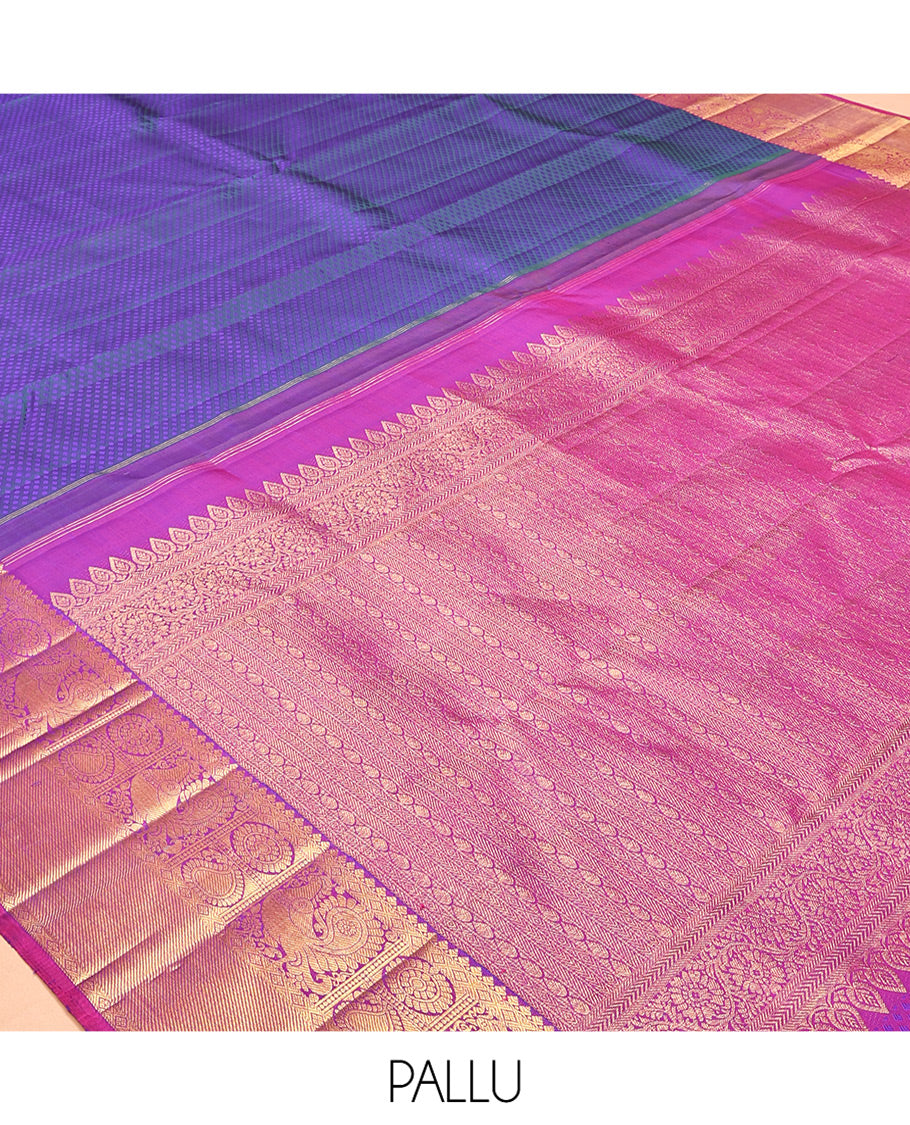 Blue Embossed Parambara Silk Saree, a Contrast Border of Thilakam Mokku, Diamond, Mayil, Chakram, and Manga Designs, Grand Pallu, and Contrast Blouse