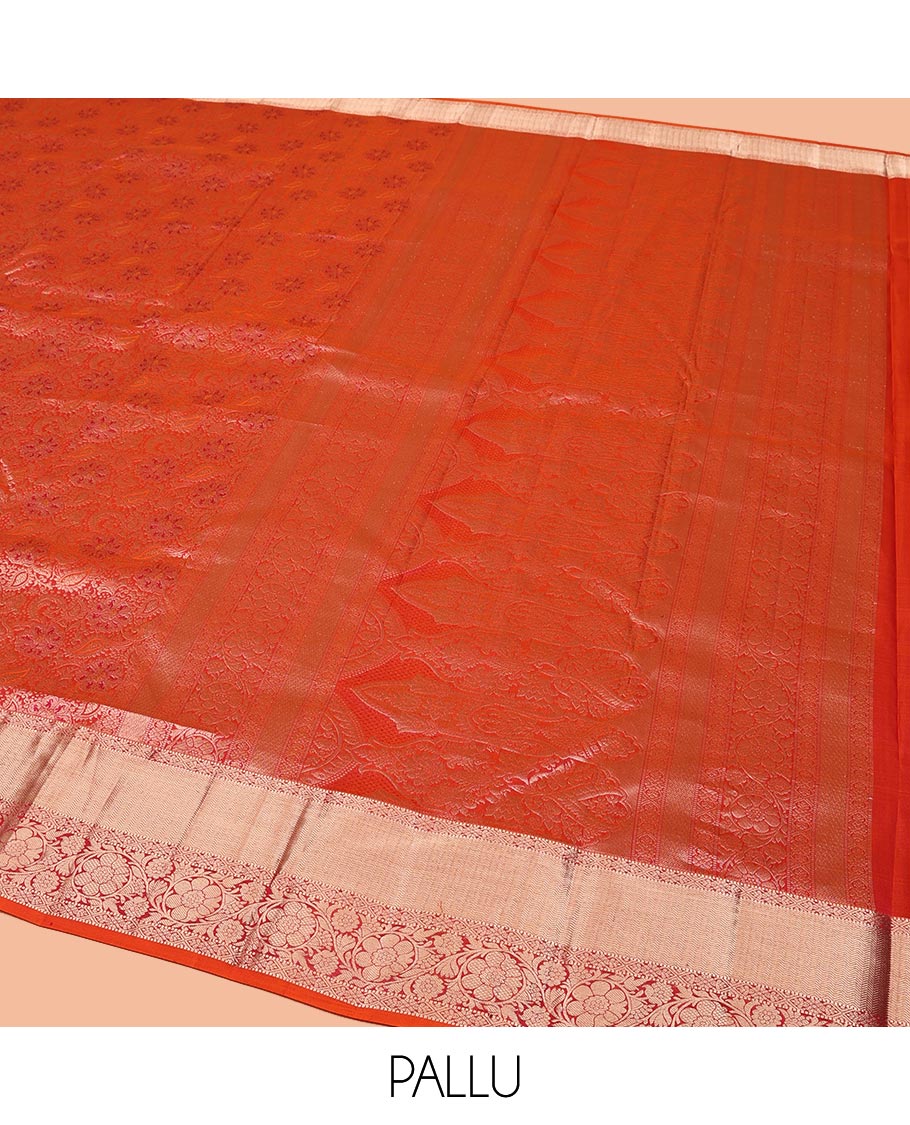 Orange Kanchipuram Wedding Silk Saree, Detailed with Jacquard Designs on Its Body, Highlighted by a Zari Border of Muthu, Diamond, and Kodi Visiry Designs, Mughal-Style Intricately Designed Pallu, and Paired with a Matching Blouse