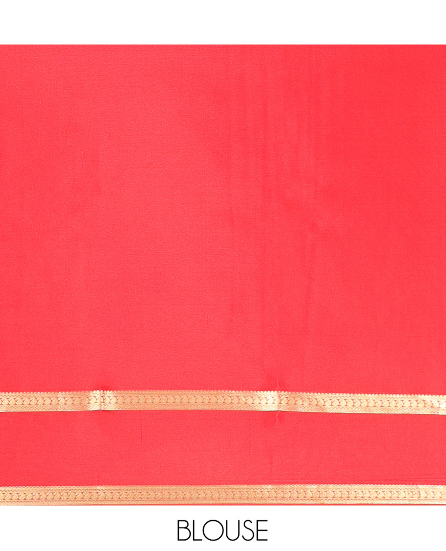 White Plain Mysore Silk Saree, Complemented by a Contrast Traditional Zari Border, Zari Design Pallu, and a Contrast Blouse