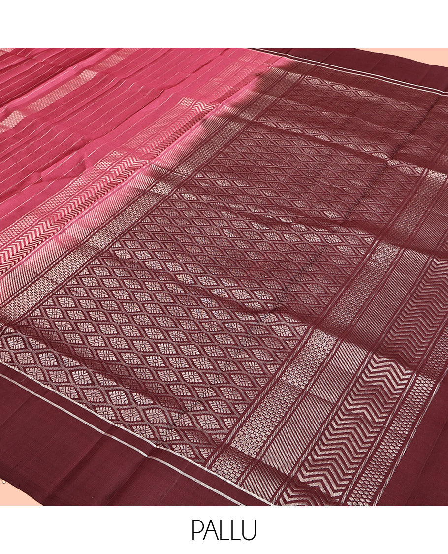 Pink Mayuri Soft Silk Saree, Detailed with Zari Stripes, Contrast Zari Striped Border, Grand Jaal Pallu, and Contrast Blouse