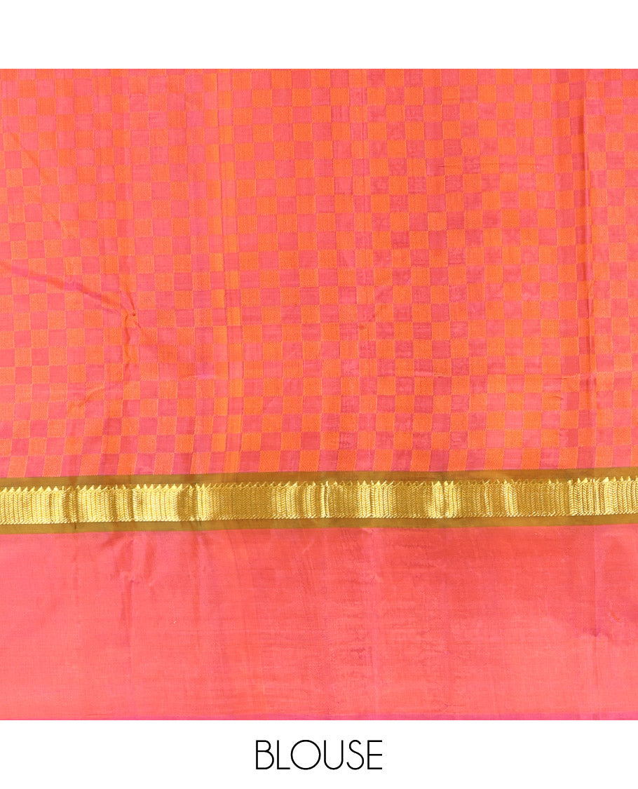 Green-Mustard Kanchipuram Silk Saree, Sparsely Woven with Paiyaadi Kattam on Its Body, Complemented by Contrast Kal Eragina Border of Rekku, and Vanki Designs, Zari-Striped Pallu, and Paired with a Contrast Blouse