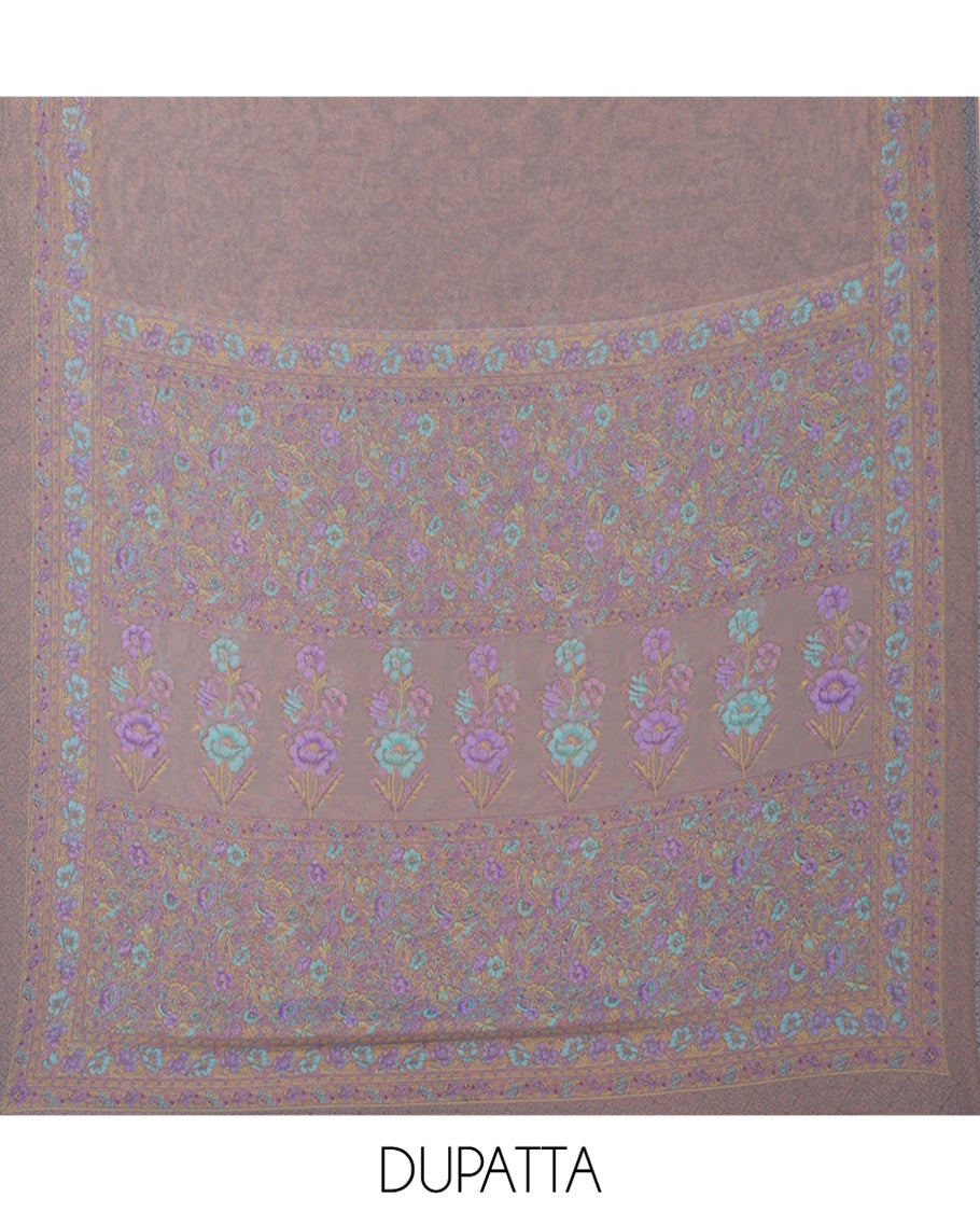 Grey Material Chudidar Set, Beautifully Bedecked with Floral Print on Its Italian Crepe Top, Italian Crepe Bottom, and Georgette Dupatta of Floral Print