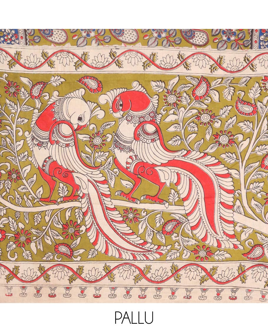 Green Machine-Printed Kalamkari Cotton Saree Features Flora-Fauna Design, a Contrast Peacock Border, Peacock Printed Pallu, and a Contrast Blouse