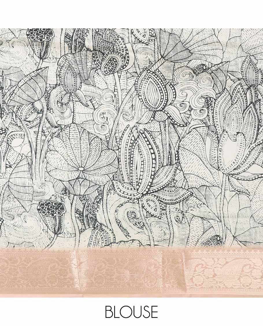 light pink floral design printed silk saree with self zari design border & floral design pallu