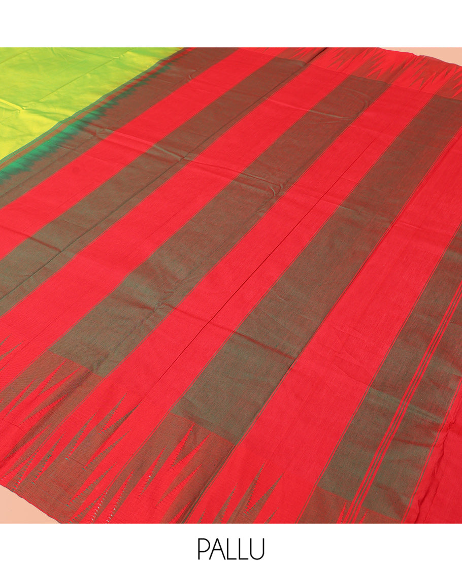 Parrot Green Plain Bangalore Silk Saree, Complemented by a Contrast Temple Border, Striped Pallu, and Contrast Blouse