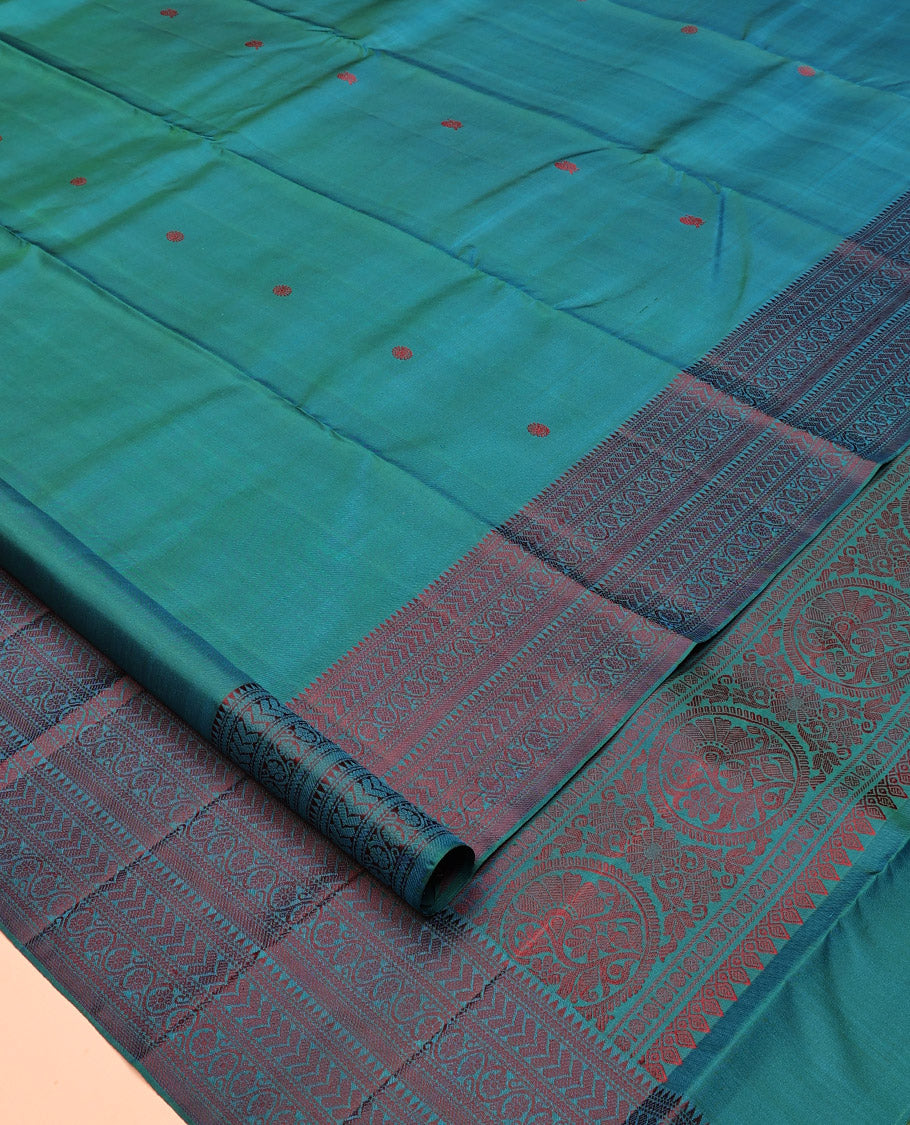 Blue Mayil-Chakra Buttas Kanchipuram Silk Saree, a Traditional Thread Border, Jaal Pallu, Matching Blouse