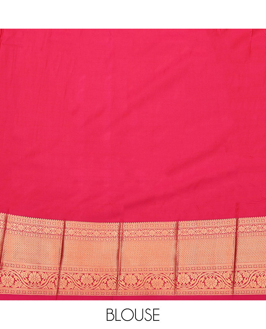 Peach Budget Silk Saree Features Jacquard, Complemented by Contrast Traditional Border, Grand Pallu and a Contrast Blouse