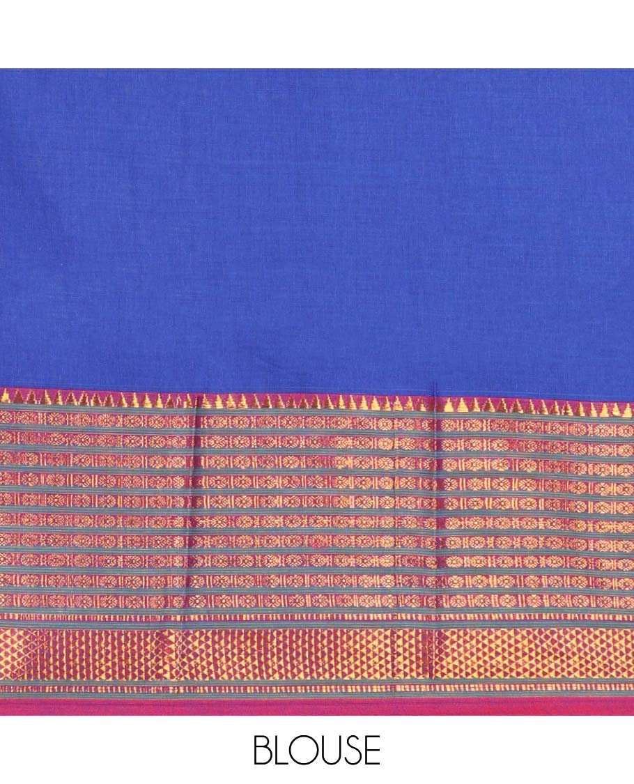 Blue cotton half saree with temple, paun design border & zari design blouse & zari design border dhavani