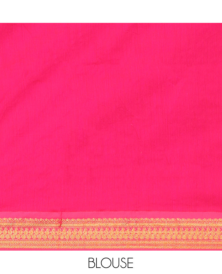 Green Kalyani Cotton Saree, Woven with Thread Buttas, Complemented by a Contrast Traditional Border, Traditional Pallu, and a Contrast Blouse