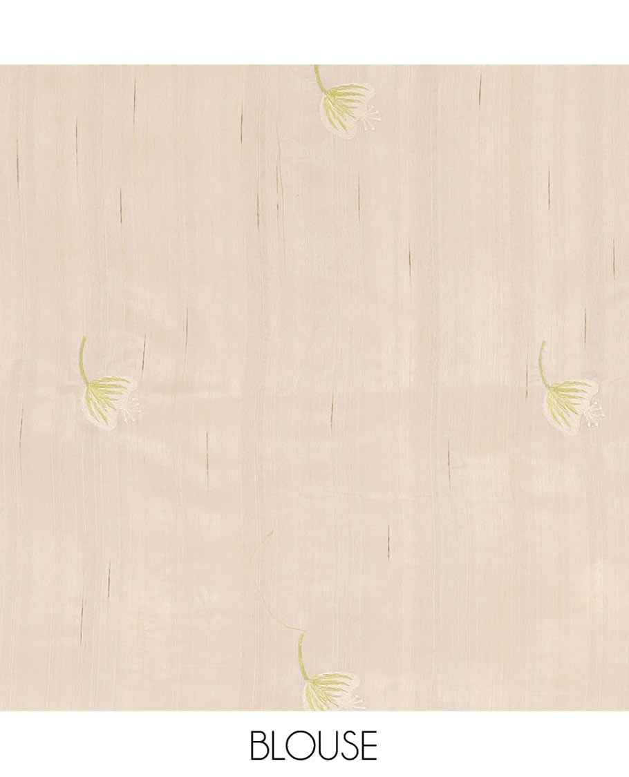 Off-White Semi-Tussar Saree, Accentuated with Floral Motifs Print, Scallop Border Features Floral Prints, Self-Pallu, and Paired with a Matching Blouse