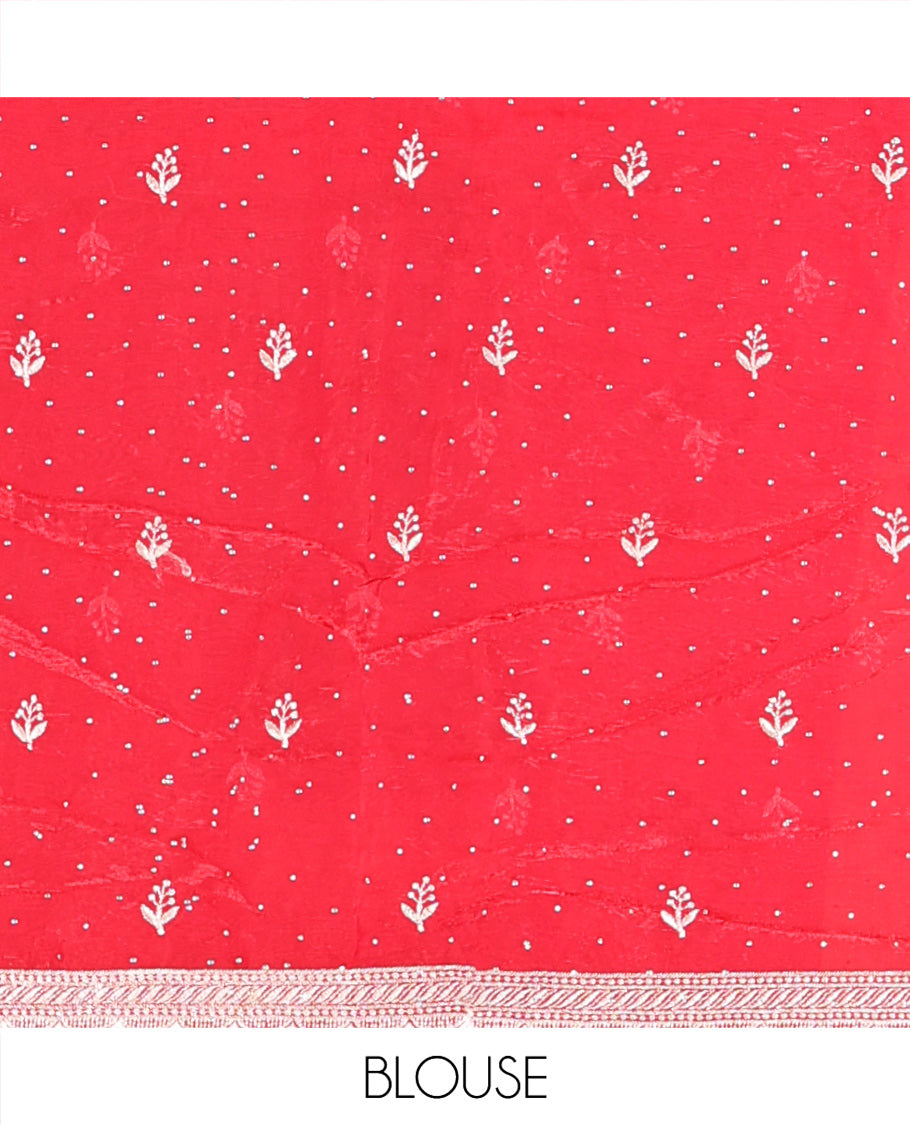 Red Fendi Organza Half-Saree, with Embroidered Buttas on Its Skirt, Embroidered Scallop Border, Paired with a Matching Blouse, and an Embroidered Fendi Organza Scallop Dhavani