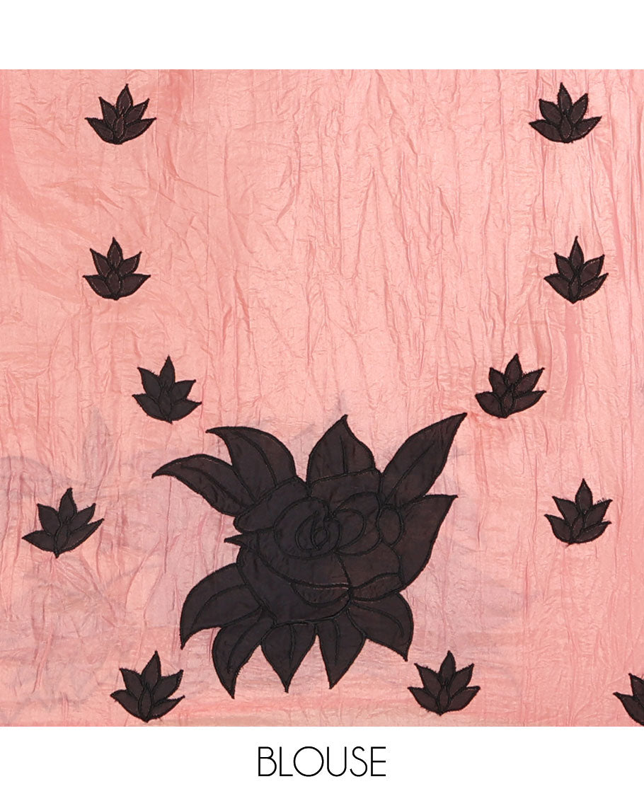 Peach crush tissue saree with self floral embroidery scallop border