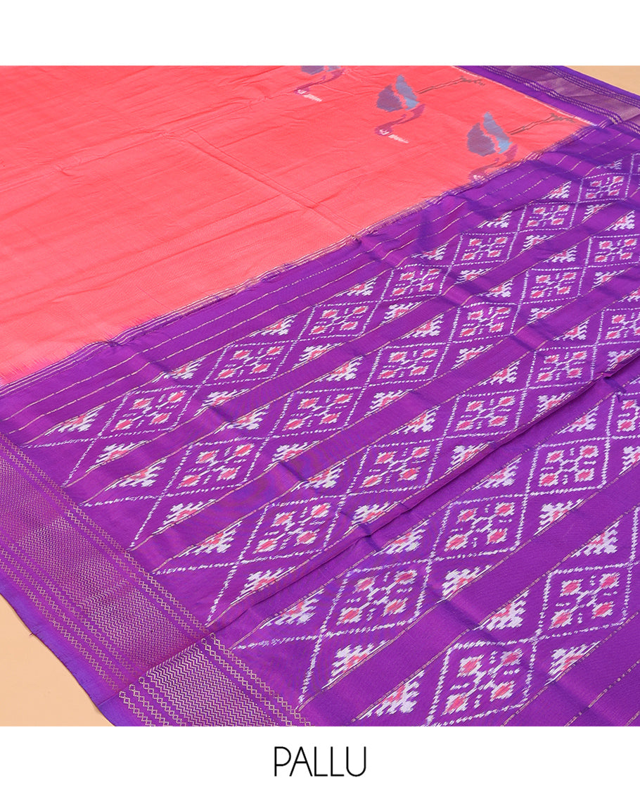 Pink Pochampally Ikat Saree, Crafted with Cranes Motifs, Contrast Traditional Zari Border, Jaal Pallu, and a Contrast Blouse