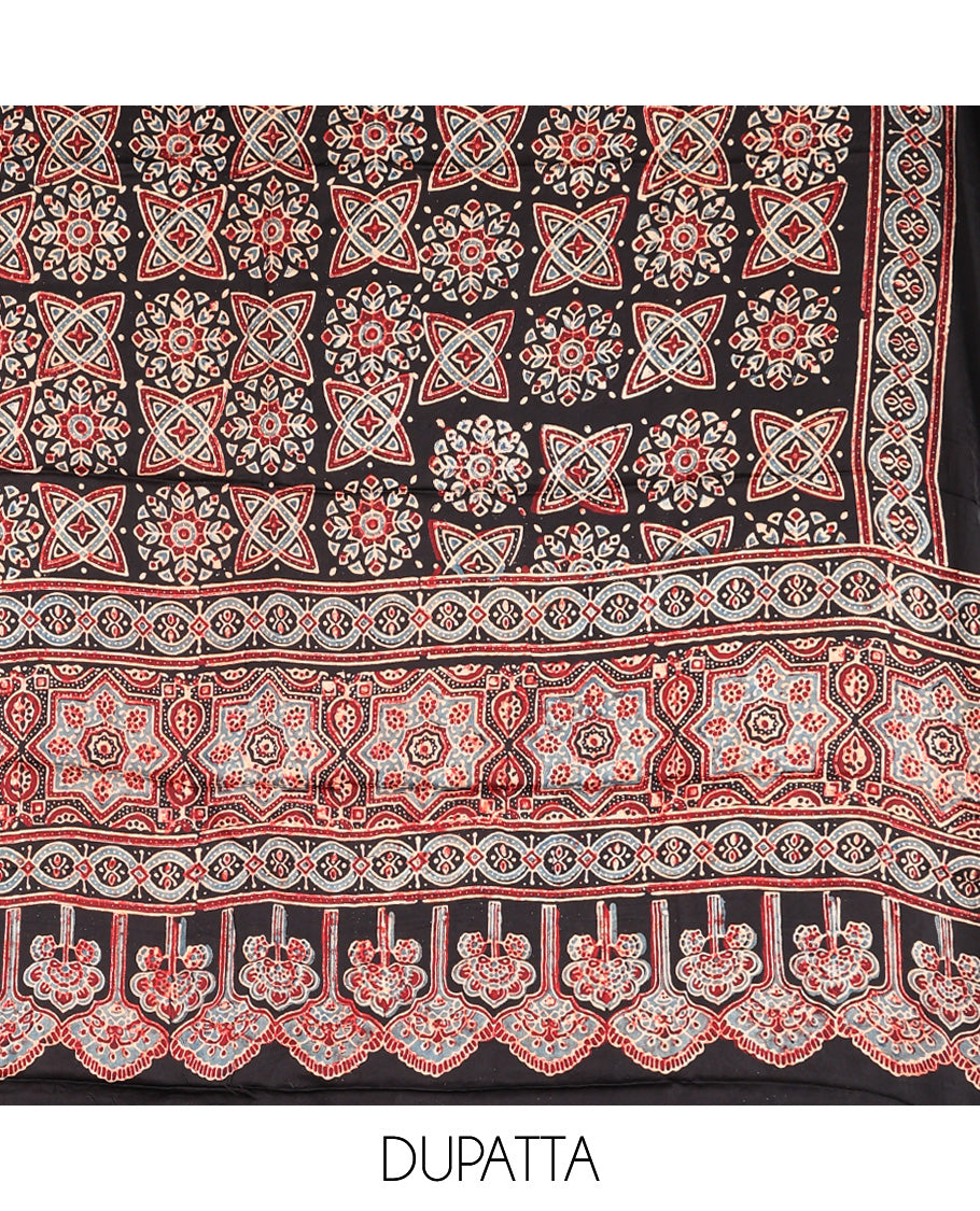Black chudidhar material set pure modal hand block ajrack print top with plain pant & hand block print dupatta