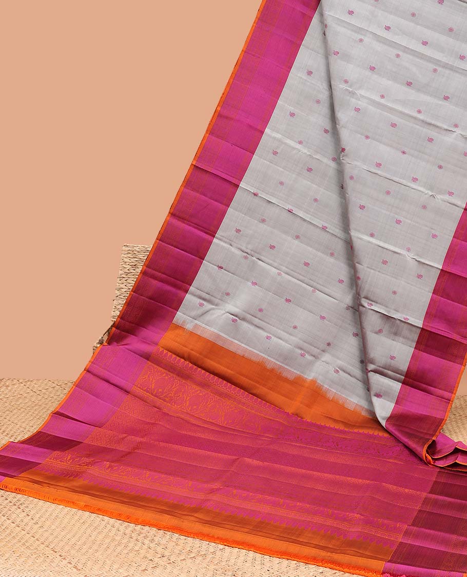 Grey floral, peacock buttas kancheepuram silk saree with contrast border of intricate zari design & intricate floral design pallu