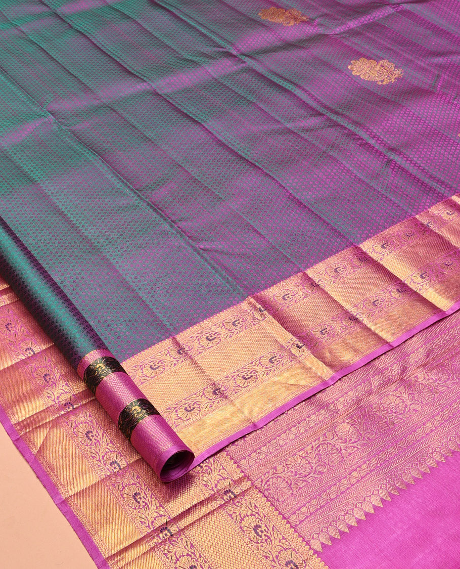 Purple Embossed-Buttas Kanchipuram Silk Saree, a Contrast Kodi Visiry Border, Floral Jaal Pallu, Contrast Blouse