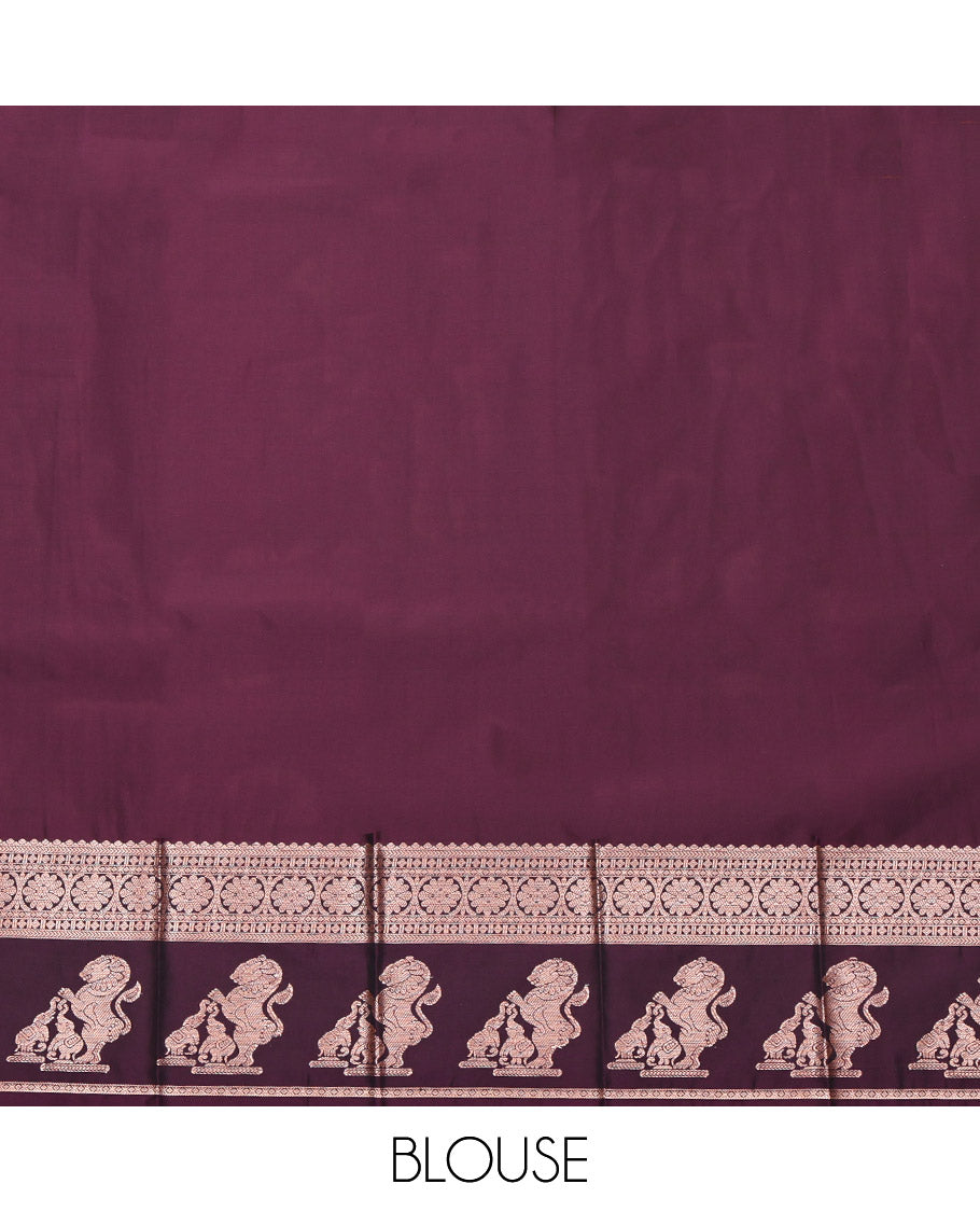 Copper Budget Silk Saree, Embellished with Zari Buttas, Complemented by a Contrast Traditional Zari Border of Singam Designs, Grand Pallu, and a Contrast Blouse