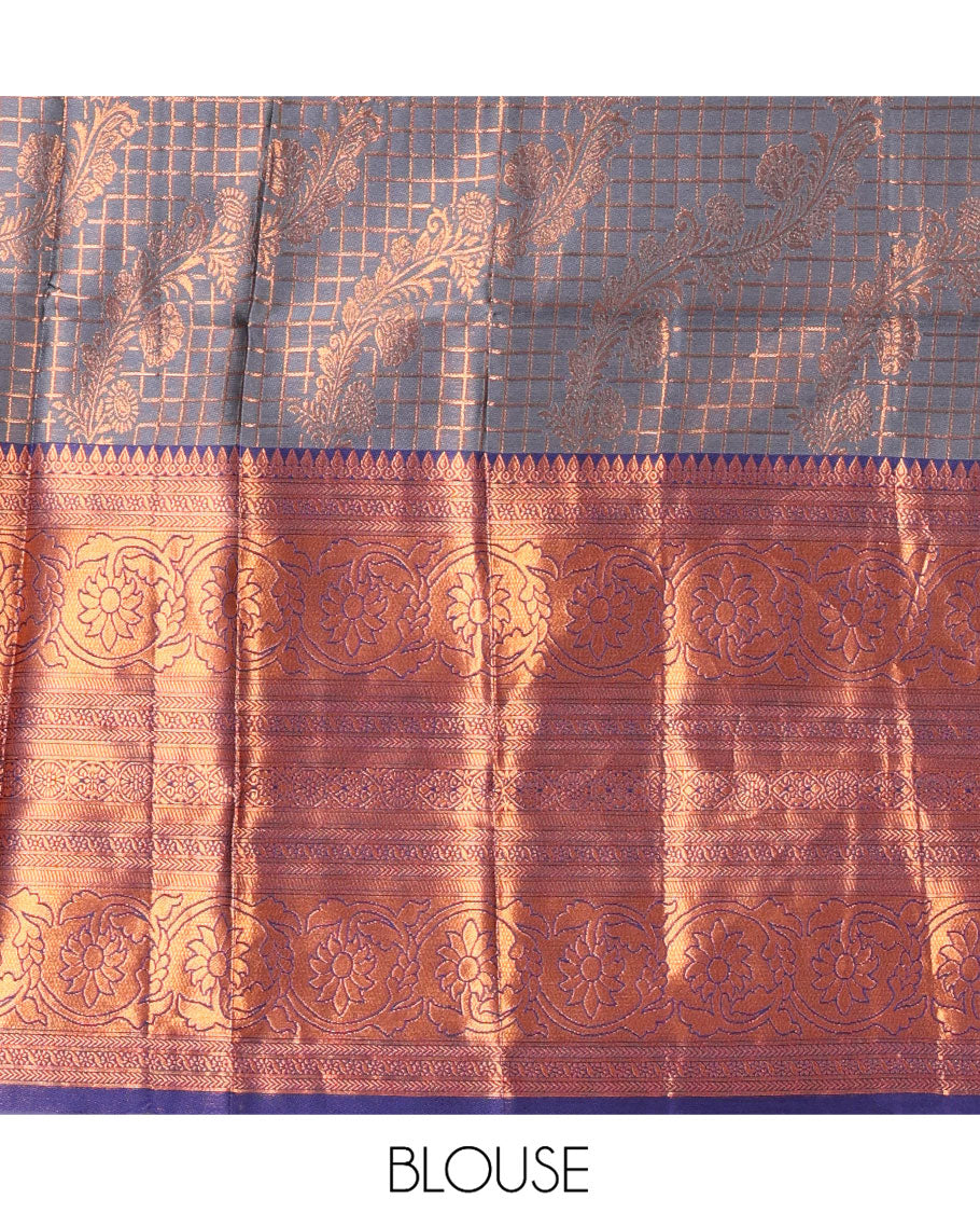 Grey-Blue Semi-Banarasi Half-Saree Features Jacquard Skirt, Contrast Traditional Border, Matching Blouse, and Syska Georgette Dhavani