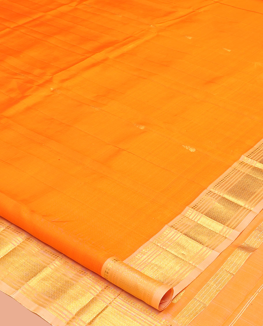 Orange Kanchipuram Silk Saree, Finely Crafted with Zari Buttas, a Contrast One-Sided Border of Paneer Sombu, Banaras, Muthu, and Mayil Kann Designs, a Zari Design Pallu, and No Blouse