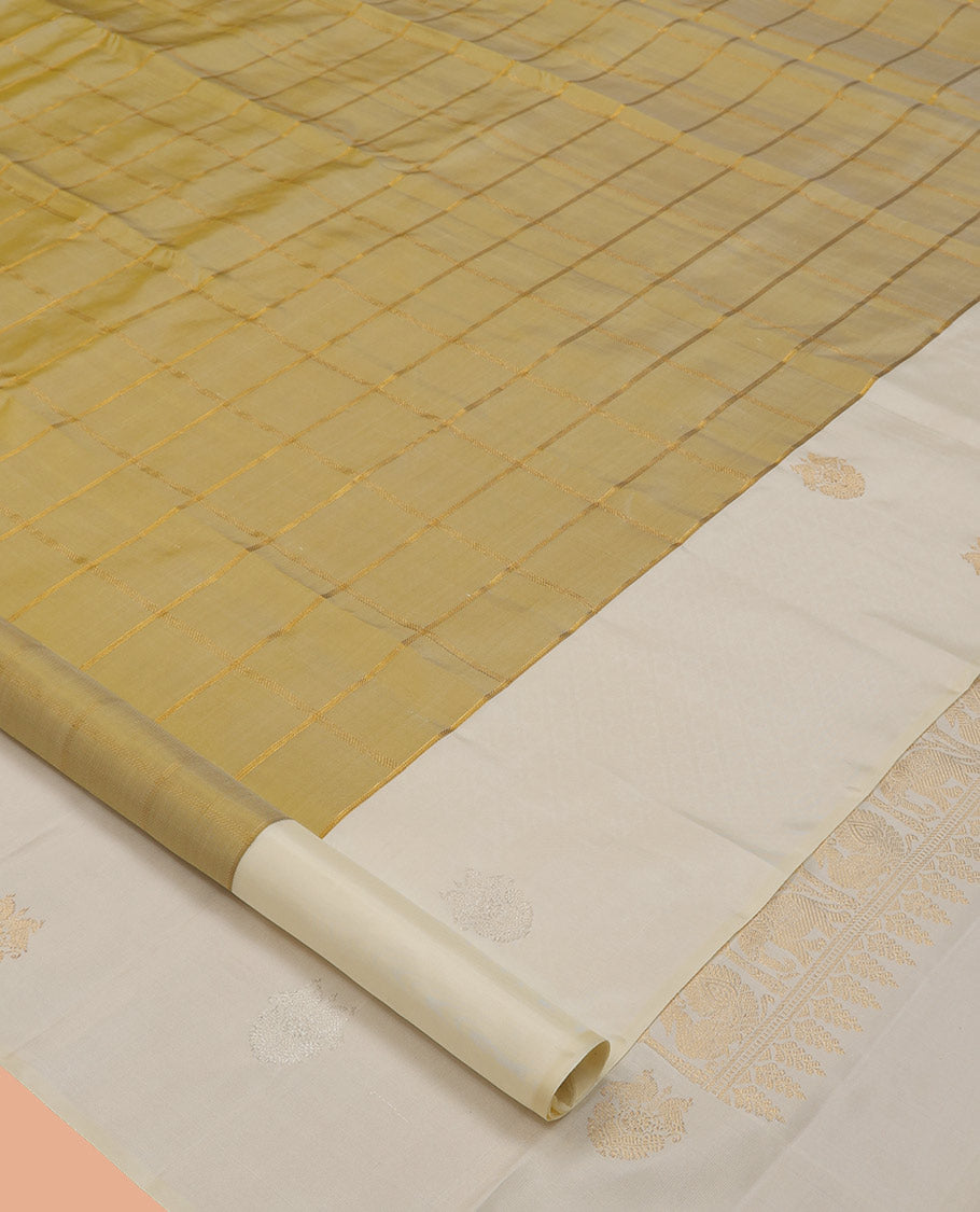 Gold Kanchipuram Silk Saree, Enriched with Zari Checks, a Contrast Zari Border, Grand Jaal Pallu, and a Contrast Blouse
