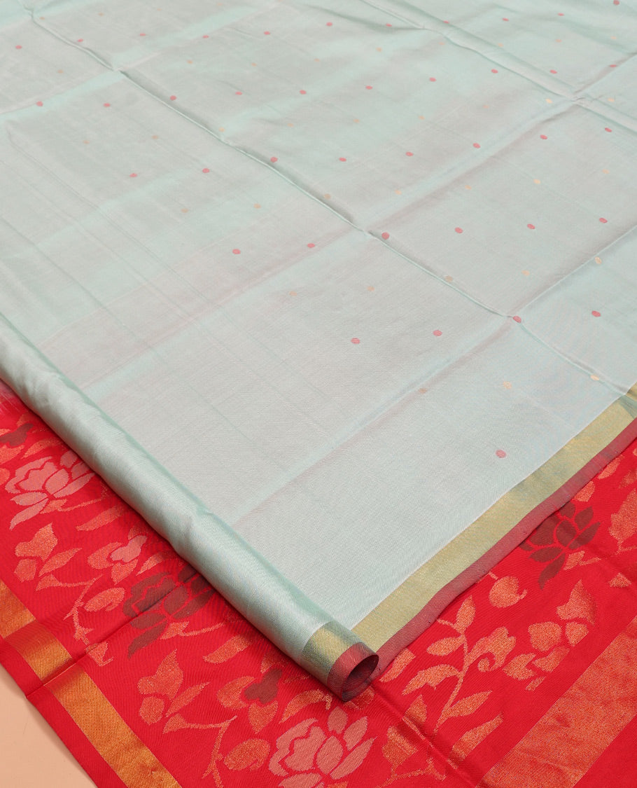 Blue Uppada Silk Saree, Embellished with Thread Buttas, Complemented By Contrast Bavanji Border, Grand Floral Vine Pallu, and a Contrast Blouse