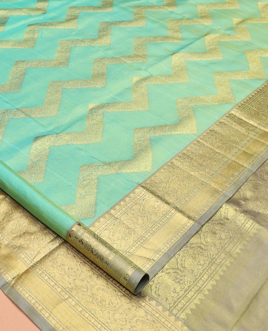 Turquoise Chevron Striped Venkatagiri Silk Saree, Contrast Traditional Border, Jaal Pallu, Contrast Blouse