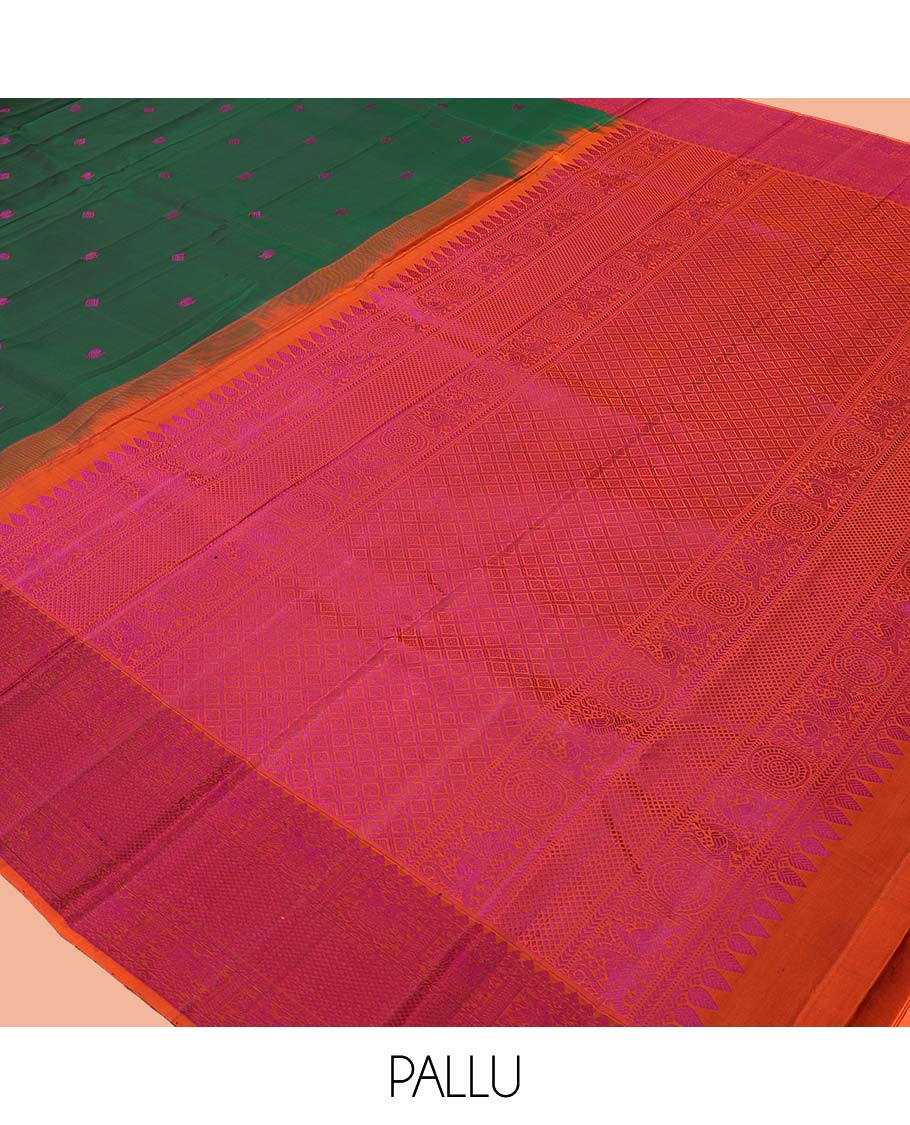 Green Kanchipuram Silk Saree, Beautified with Thread Buttas, a Contrast Border of Thilakam Mokku, Iruthalai Pakshi, and Kuyil Kann, Jaal Pallu, and a Contrast Blouse