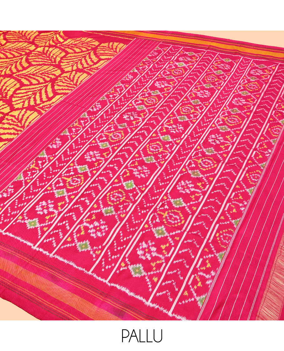 Red Pochampally Ikat Silk Saree, Adorned with Ikat Leaf Design, a Contrast Border, Ikat-Style Woven Pallu, and Matching Blouse