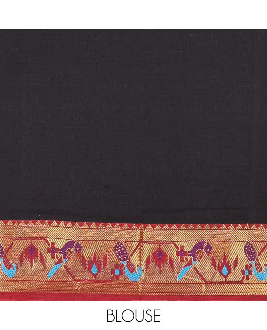 Black mercerised cotton birds design border half saree with cotton blouse & georgette one side zari border