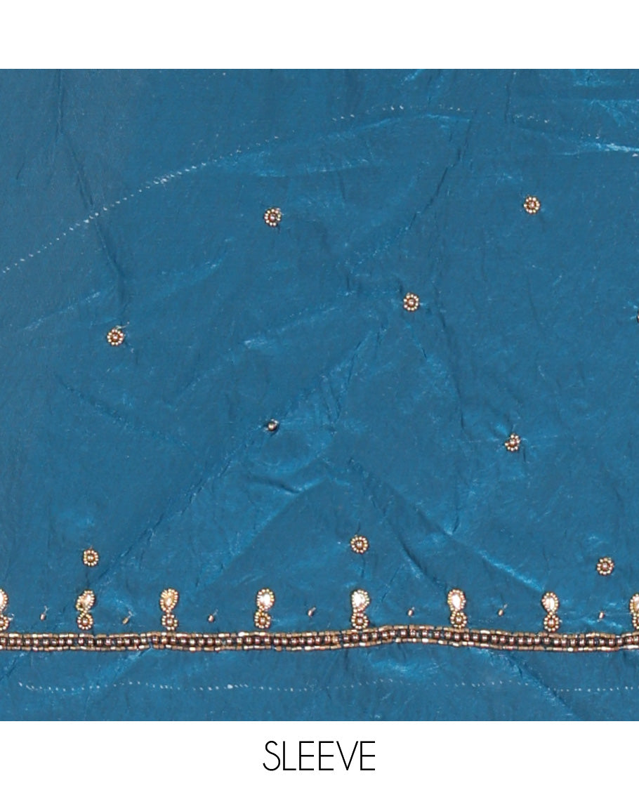 Peacock Blue Fendi Organza Half-Saree, Plain Skirt, Matching Embroidered Blouse, Matching Scallop Dhavani