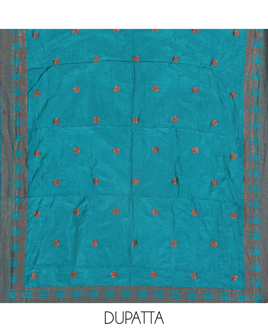 Blue Material Chudidar Set Decorated with Copper Zari Checks Semi-Modal Silk Top, Subtly Made Plain Santoon Bottom, and a Semi-Modal Dupatta Featuring Polka Dots in Zari