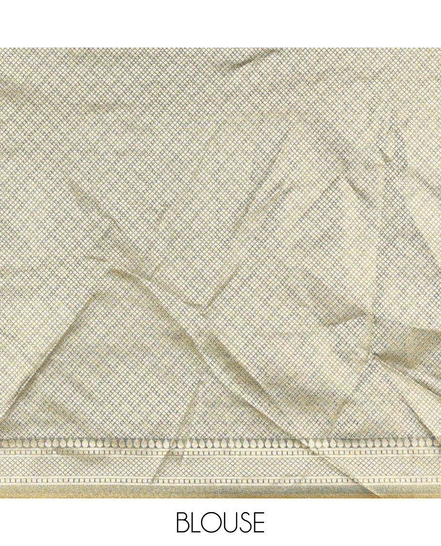 Chikku and rama color half-saree, zari checked with contrast traditional zari bordered banarasi skirt, jacquard blouse, and a contrast zari bordered syska georgette dhavani