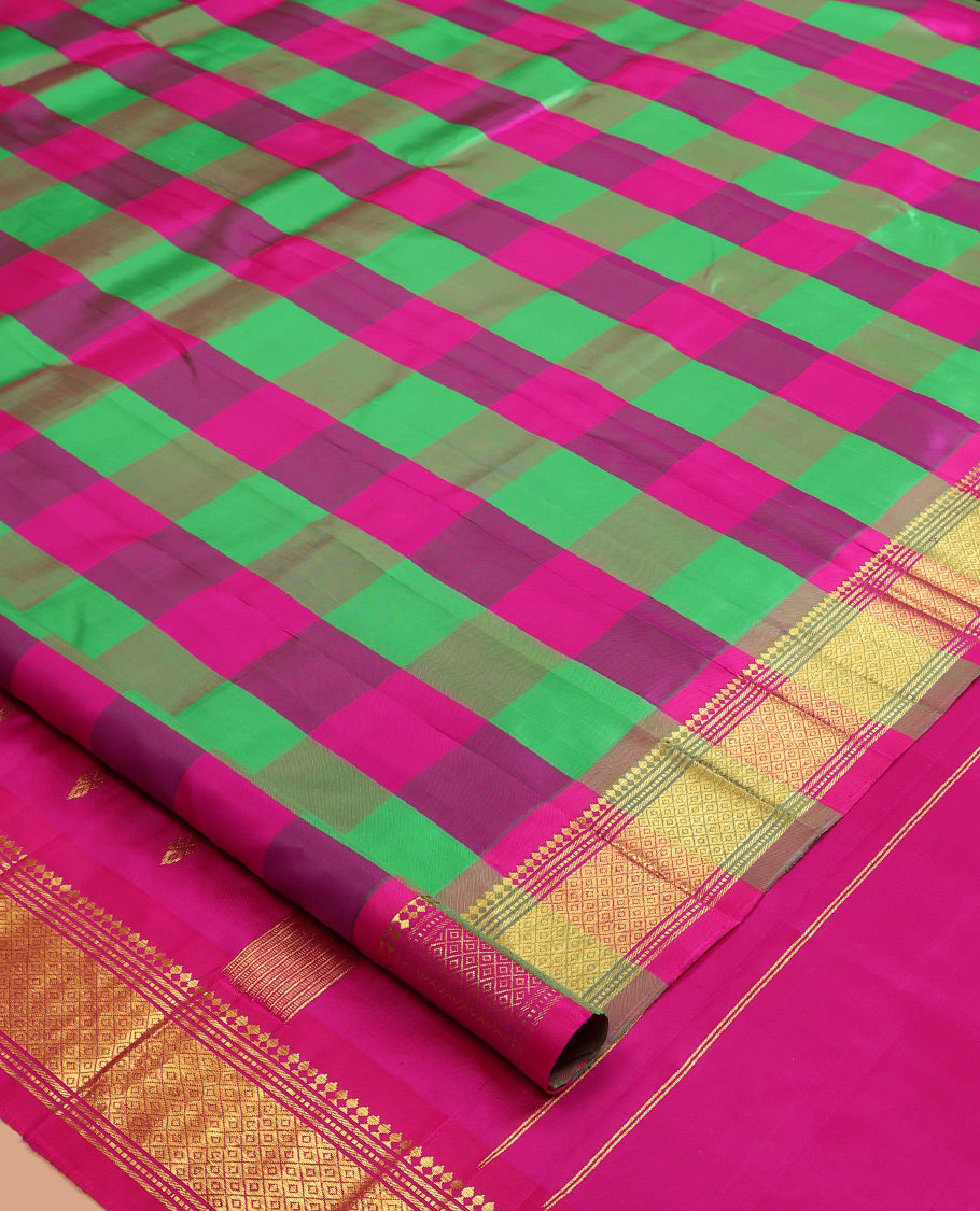 Multi-Color Palum Pazhamum Checked Kanchipuram Silk Saree, a Zari One-sided Border of Panner Sombu, Banaras, Muthu, and Mayil Kann Design, Zari Woven Pallu, and No Blouse