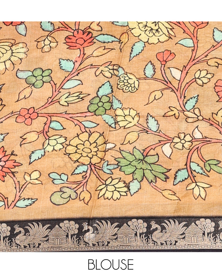Blue Kalamkari Saree, Ornamented with Geometric Print, Zari Border, Complemented by Contrast Pallu of Human Figurines Print, and a Contrast Blouse