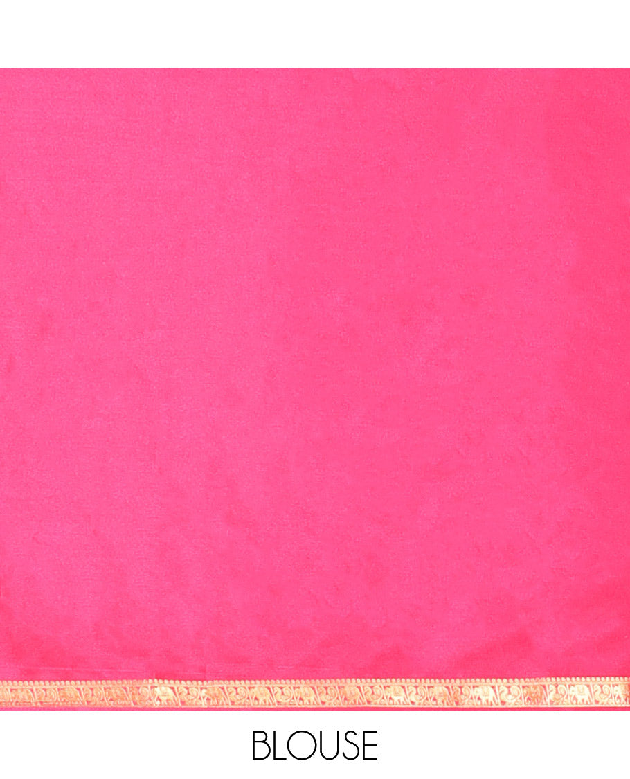 Pink Plain Semi-Mysore Saree, a Zari Elephant-Peacock Butta Border, Striped Pallu, Matching Blouse