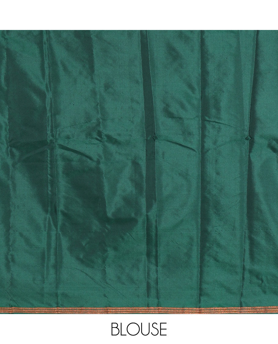 Green half-saree, buttas with self-bordered taffeta silk skirt, a plain blouse, and a contrast manga buttas bordered satin georgette dhavani