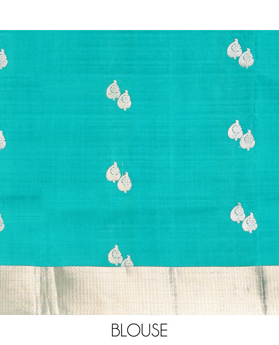 Sea blue floral design mayuri soft silk saree with contrast border & floral zari design pallu