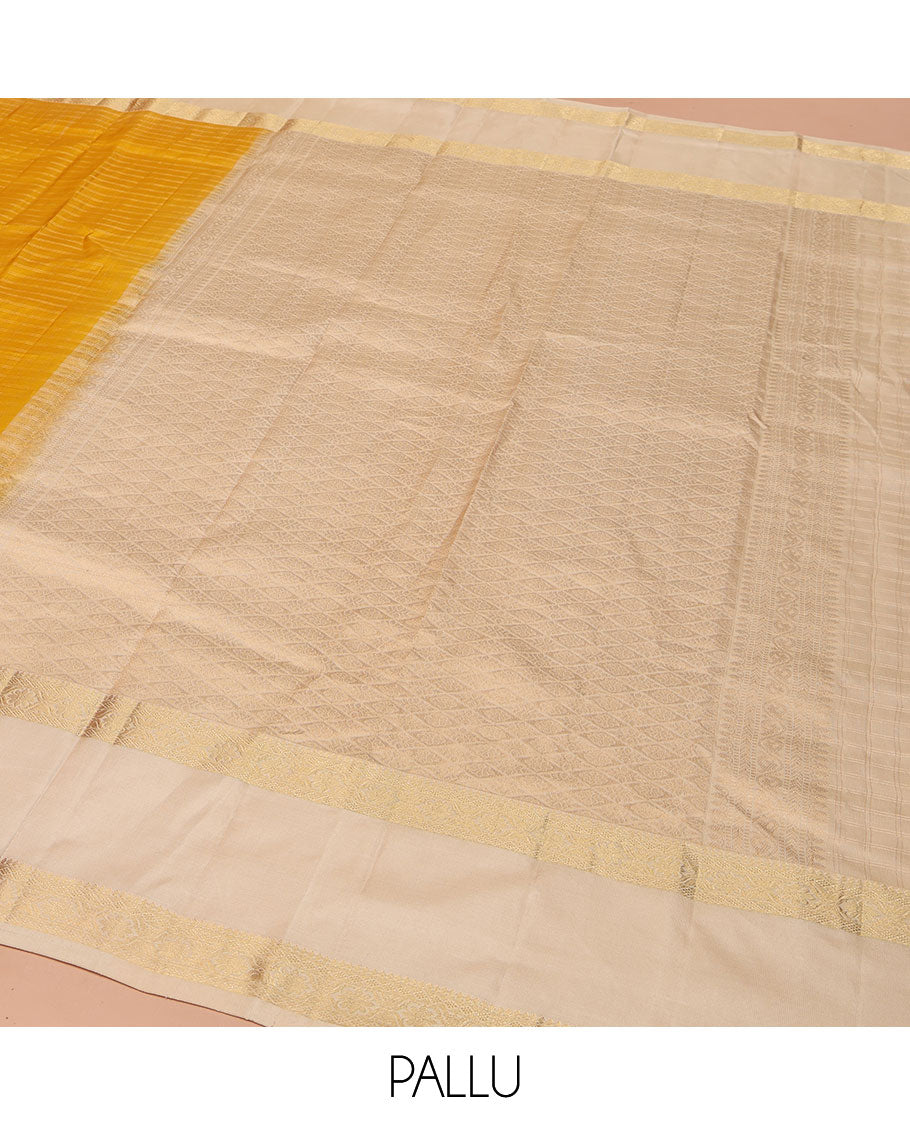 Yellow Vasundhara Silk Saree, Subtly Sparkled with Checked All Over Its Body, Complemented by Contrast Rettai Pettu Border of Thilakam Mokku, and Cross Kamalam Designs, Pallu of Jaal Designs, and Paired with a Contrast Blouse