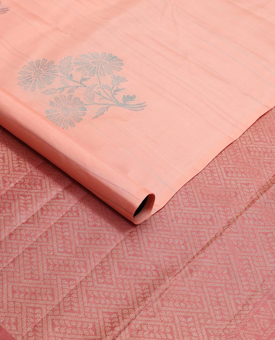 Borderless Peach floral design kancheepuram silk sareee with geometric design pallu
