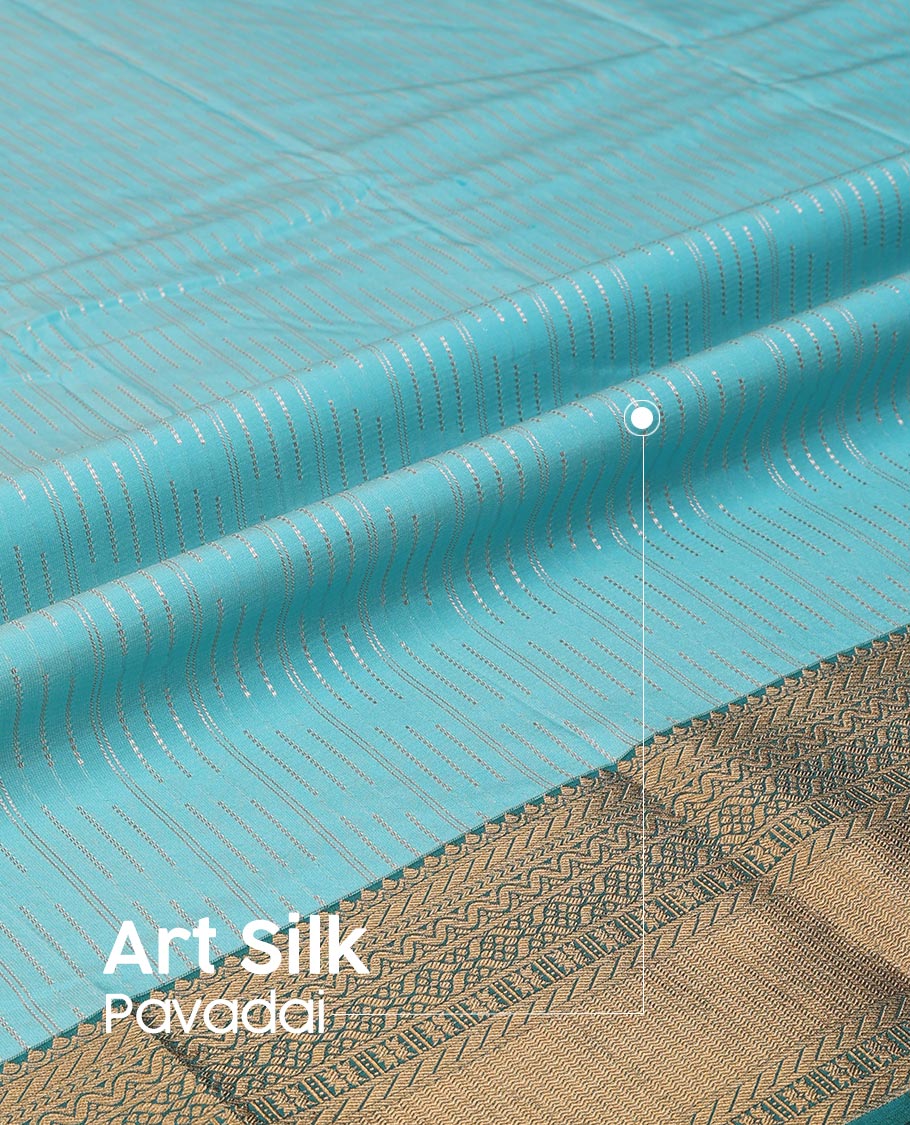 Blue Art Silk Pavadai Material Set, Decked Up with Zari Buttas Skirt, Complemented by a Contrast Traditional Zari Design Border, and Paired with a Contrast Blouse