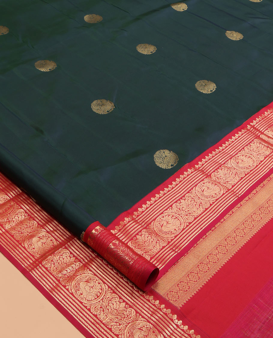 Green Vasundhara Lite Silk Mix Saree, Embellished with Zari Buttas, a Contrast Round Mayil Zari Border, Jaal Pallu, and Contrast Blouse