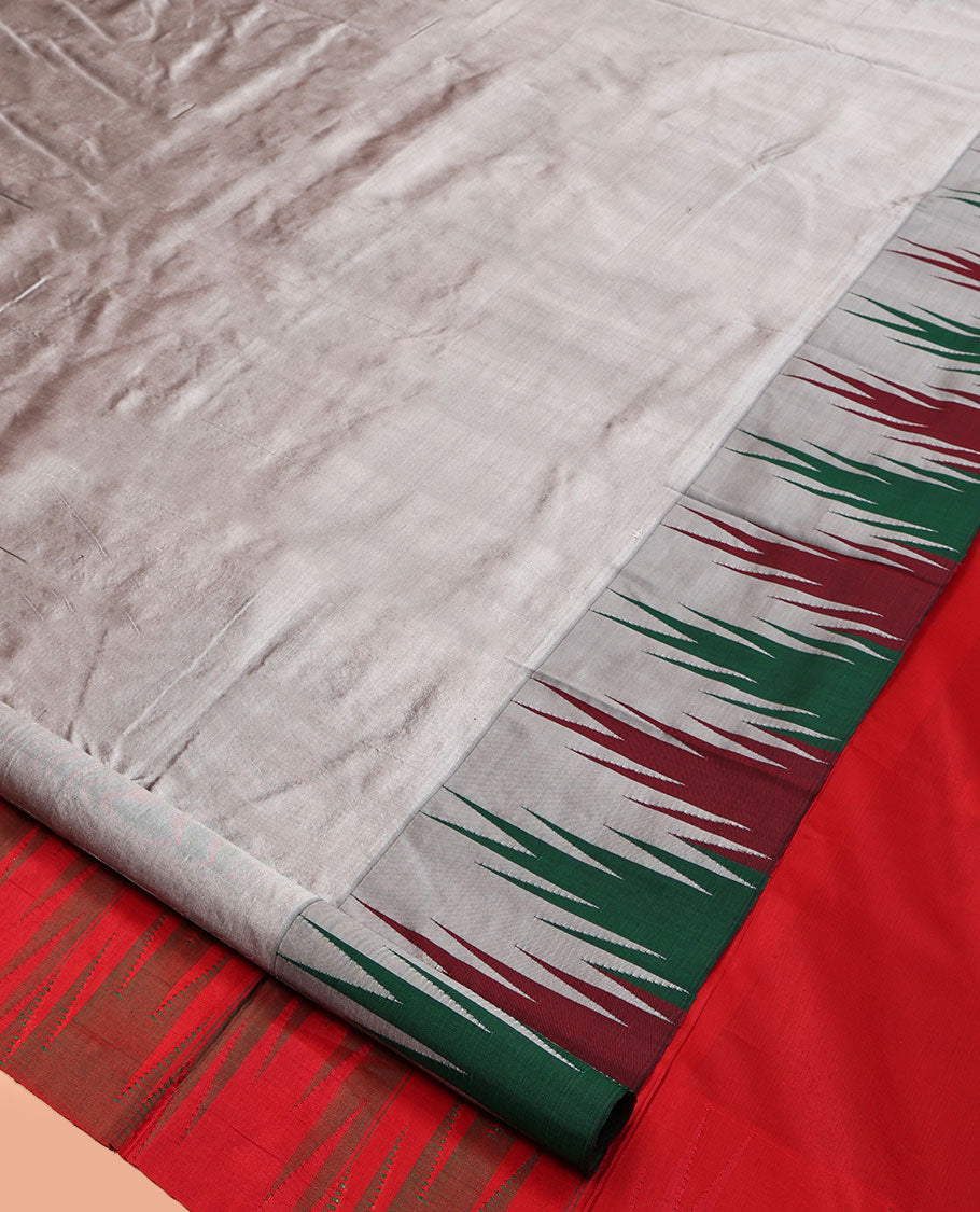 Grey Plain Bangalore Silk Saree, Complemented by a Contrast Temple Border, Pallu of Stripes, and a Contrast Blouse