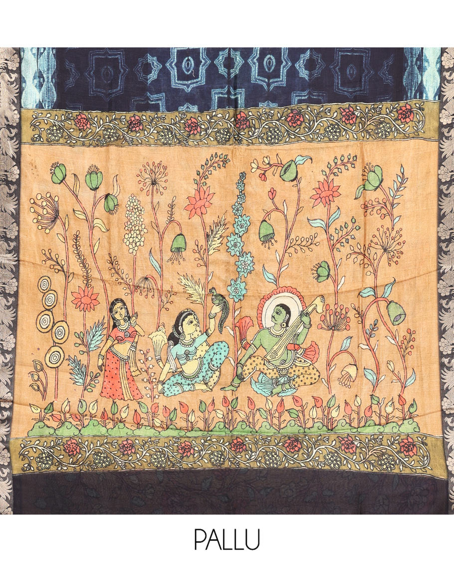 Blue Kalamkari Saree, Ornamented with Geometric Print, Zari Border, Complemented by Contrast Pallu of Human Figurines Print, and a Contrast Blouse