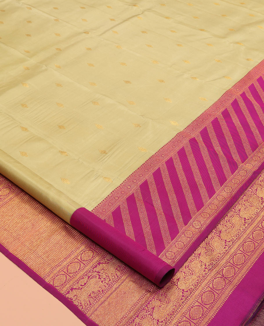 Pale Yellow Kanchipuram Silk Saree, Woven with Zari Buttas, a Contrast Korvai Border of Thilakam Mokku, Kamalam, Greek Key, and Cross Kamalam Designs, Grand Pallu, and a Contrast Blouse
