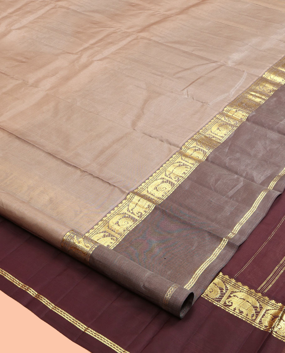 Grey Kanchipuram Silk Saree, Subtly Woven with Buttas, Complemented by a Contrast Rettai Pettu Mayil -Yaanai Border, Pallu of Zari Design, and Contrast Blouse