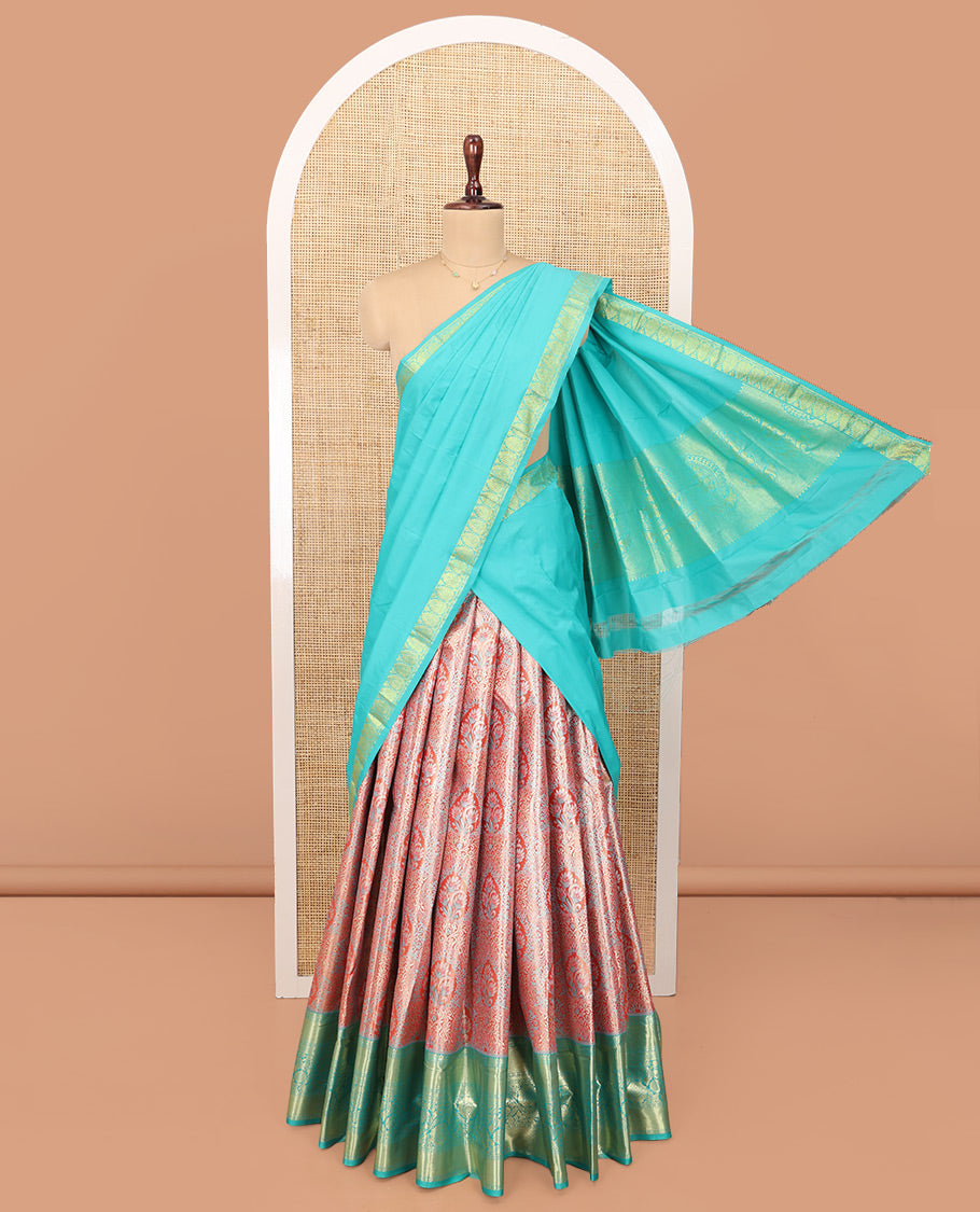 Orange Art Silk Material Half Saree Set, Bedecked with Jacquard Design Skirt, a Contrast Traditional Zari Border of Floral Creeper Designs, Contrast Zari-Jacquard Blouse, and a Dhavani of Paisley Designs