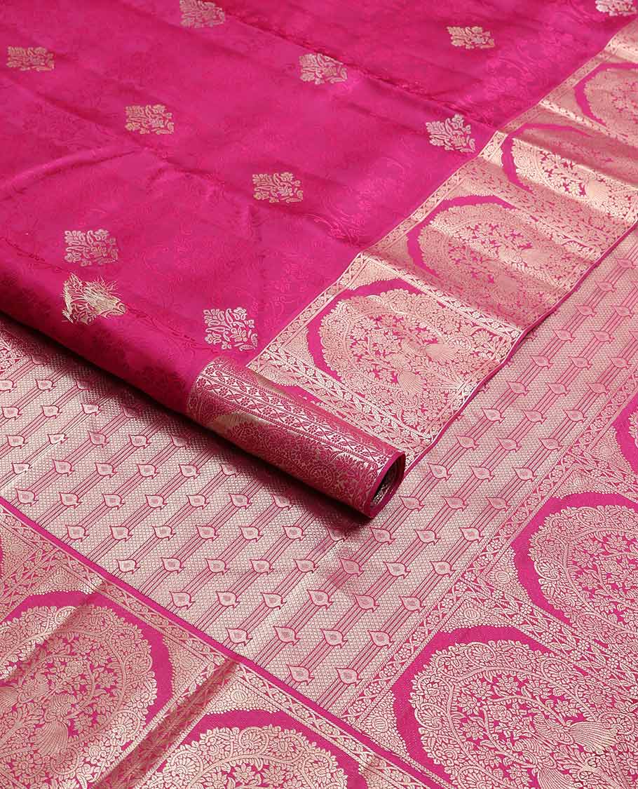 Magenta floral jacquard kancheepuram silk saree with self floral intricate border &striped, floral design pallu