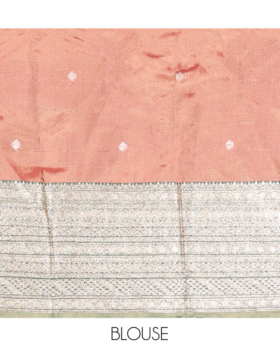 Onion Pink-Green Banarasi Silk Half-Saree Features Buttas Skirt, Contrast Traditional Border, Matching Blouse, Contrast Embroidered Dhavani